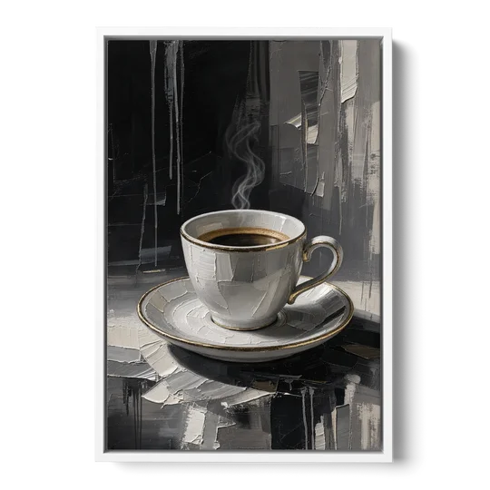 Black and White Gilded Espresso Cup for the Kitchen - White Framed Canvas Wall Art - Front