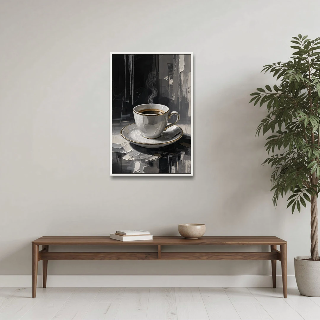 Black and White Gilded Espresso Cup for the Kitchen - White Framed Canvas Wall Art - Coffee Table - 24x36