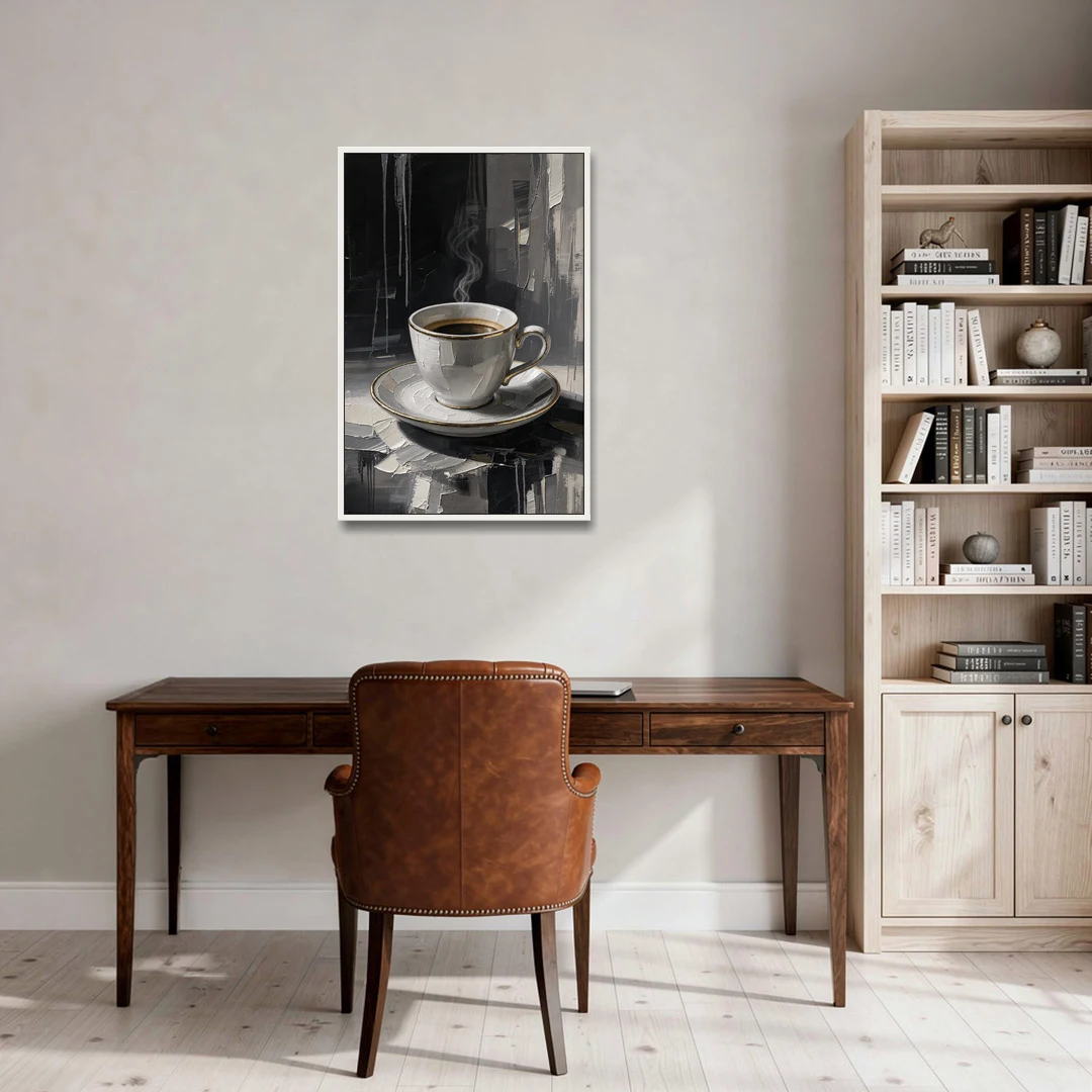 Black and White Gilded Espresso Cup for the Kitchen - White Framed Canvas Wall Art - Office - 24x36