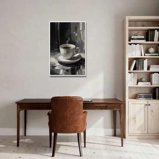 Black and White Gilded Espresso Cup for the Kitchen - White Framed Canvas Wall Art - Office - 24x36