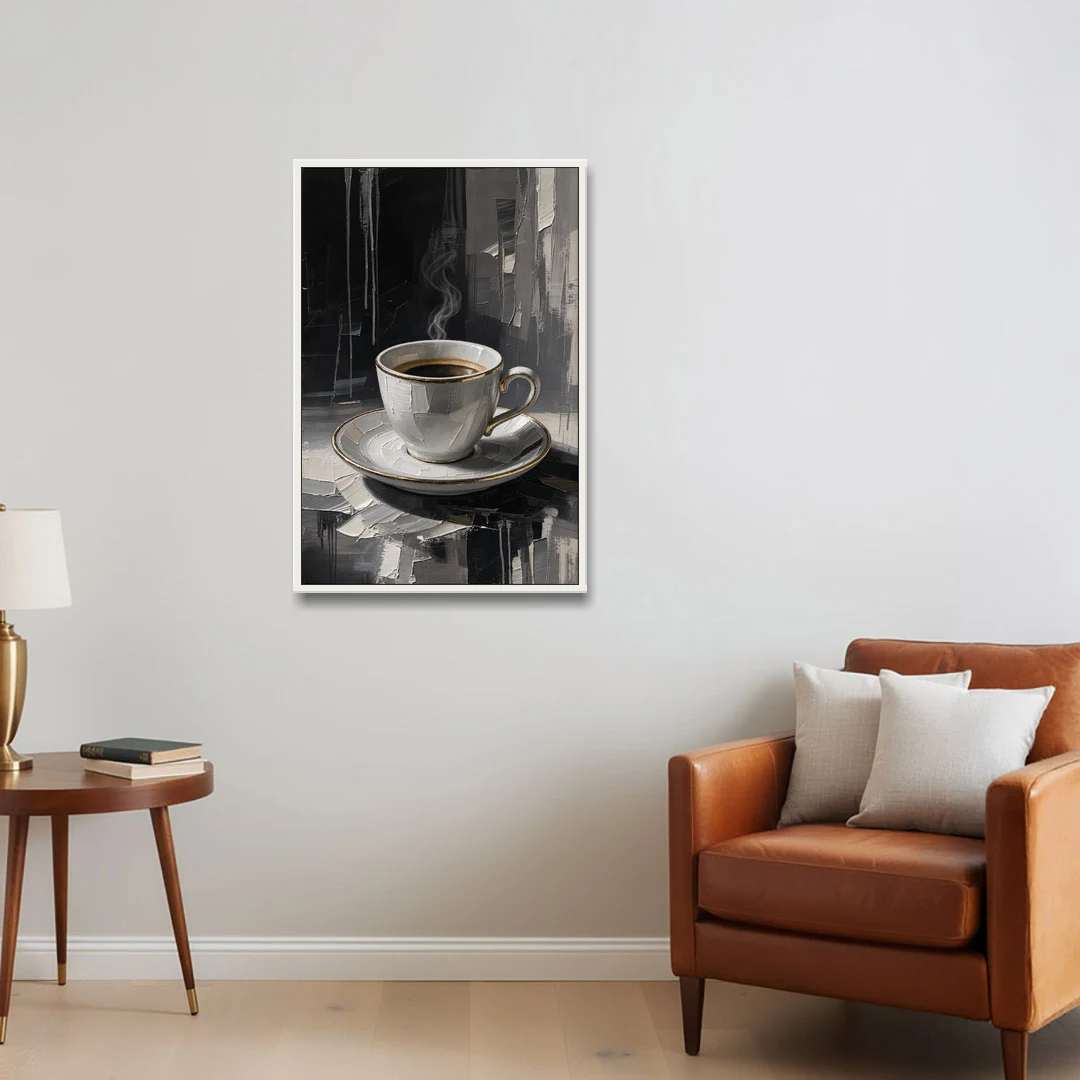 Black and White Gilded Espresso Cup for the Kitchen - White Framed Canvas Wall Art - Sofa - 24x36