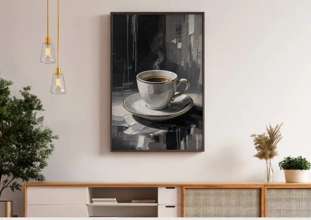 Black and White Gilded Espresso Cup for the Kitchen canvas wall art above a wooden sideboard under pendant lights
