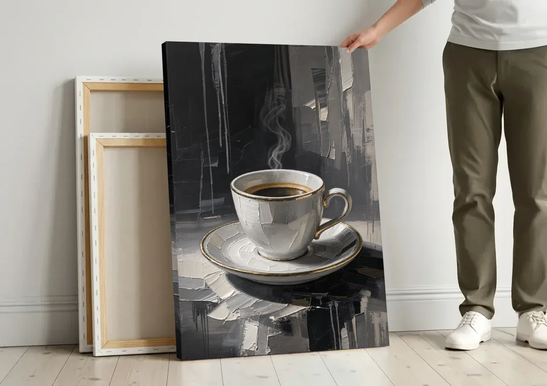 Black and White Gilded Espresso Cup for the Kitchen canvas wall art leaning against a wall next to blank canvases