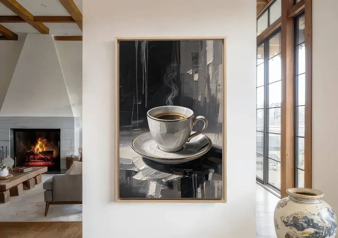 Black and White Gilded Espresso Cup for the Kitchen canvas wall art in a living room with a fireplace