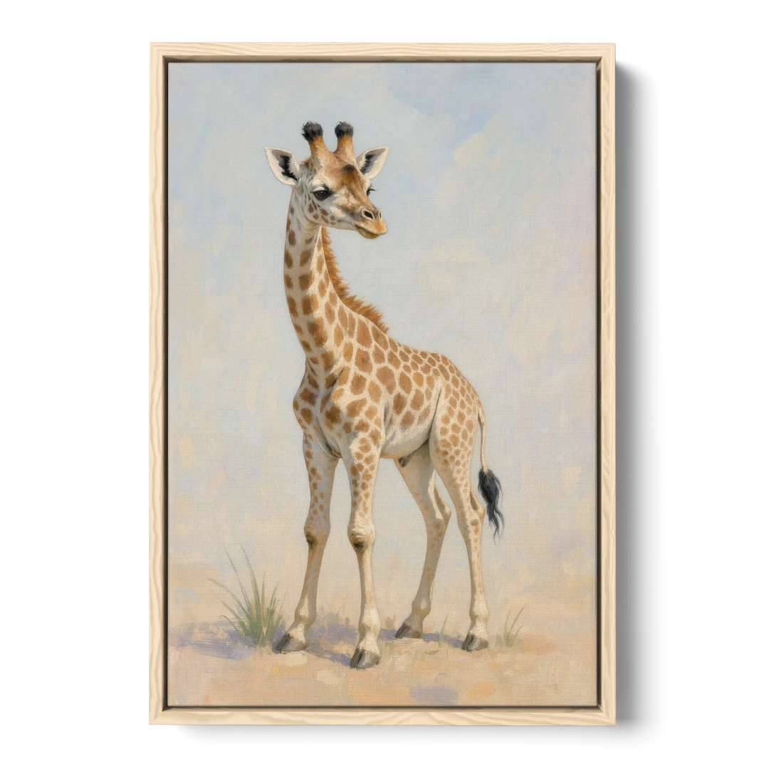 Giraffe Nursery Wall Art of a Baby Glancing Back - Oak Framed Canvas Wall Art - Front