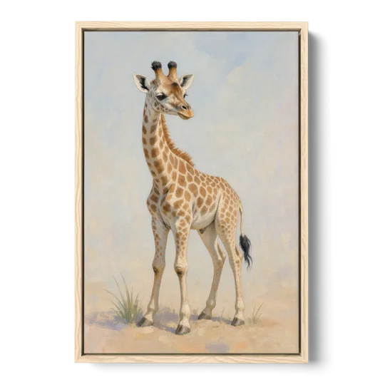 Giraffe Nursery Wall Art of a Baby Glancing Back - Oak Framed Canvas Wall Art - Front