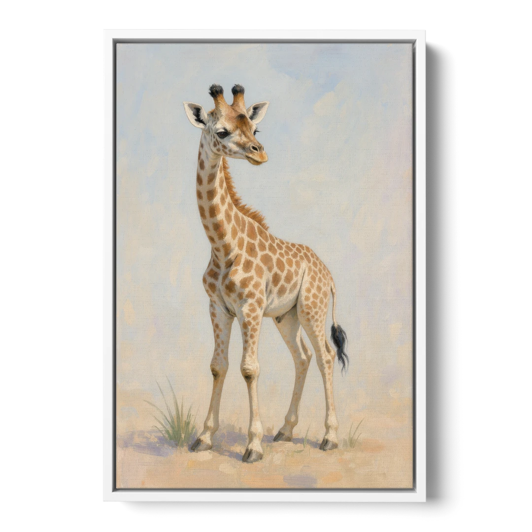 Giraffe Nursery Wall Art of a Baby Glancing Back - White Framed Canvas Wall Art - Front