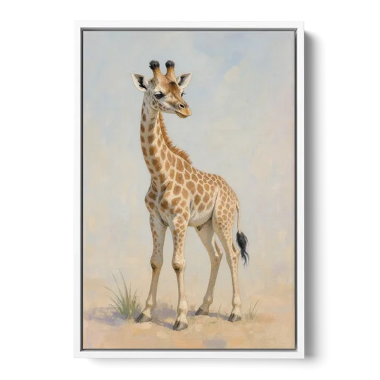 Giraffe Nursery Wall Art of a Baby Glancing Back - White Framed Canvas Wall Art - Front