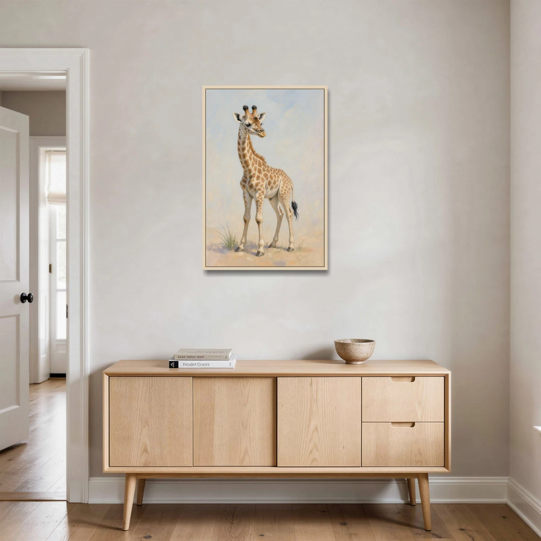 Giraffe Nursery Wall Art of a Baby Glancing Back - Oak Framed Canvas Wall Art - Coffee Table - 24x36