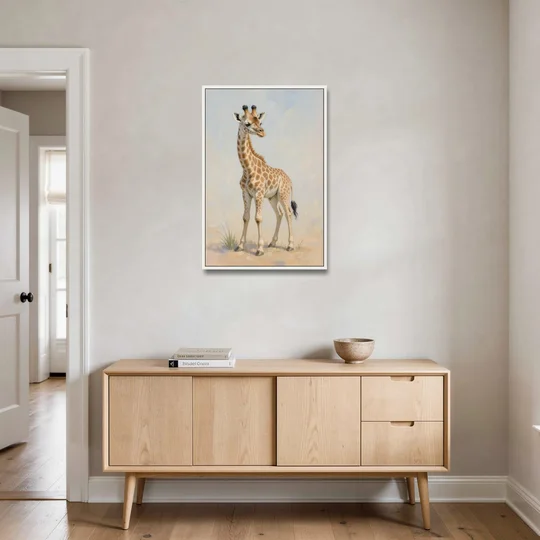 Giraffe Nursery Wall Art of a Baby Glancing Back - White Framed Canvas Wall Art - Coffee Table - 24x36