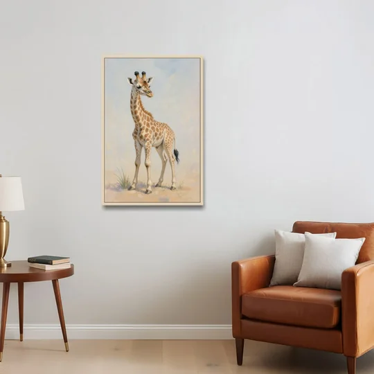 Giraffe Nursery Wall Art of a Baby Glancing Back - Oak Framed Canvas Wall Art - Sofa - 24x36