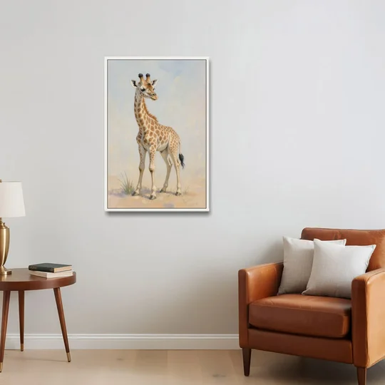 Giraffe Nursery Wall Art of a Baby Glancing Back - White Framed Canvas Wall Art - Sofa - 24x36