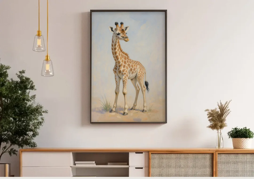 Giraffe Nursery Wall Art of a Baby Glancing Back canvas wall art above a wooden sideboard under pendant lights