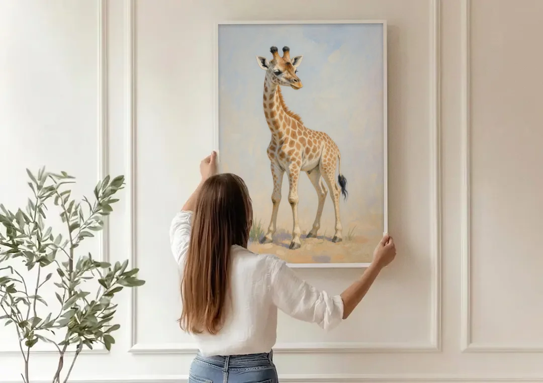 Giraffe Nursery Wall Art of a Baby Glancing Back canvas wall art being hung on a paneled wall
