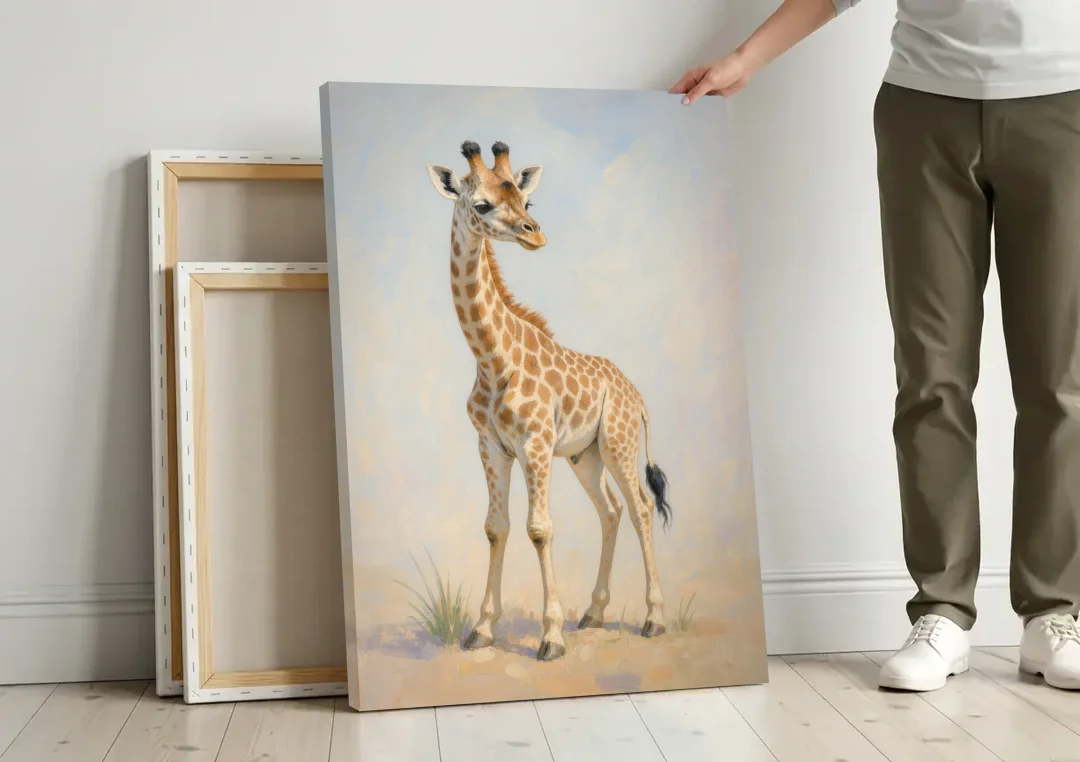 Giraffe Nursery Wall Art of a Baby Glancing Back canvas wall art leaning against a wall next to blank canvases