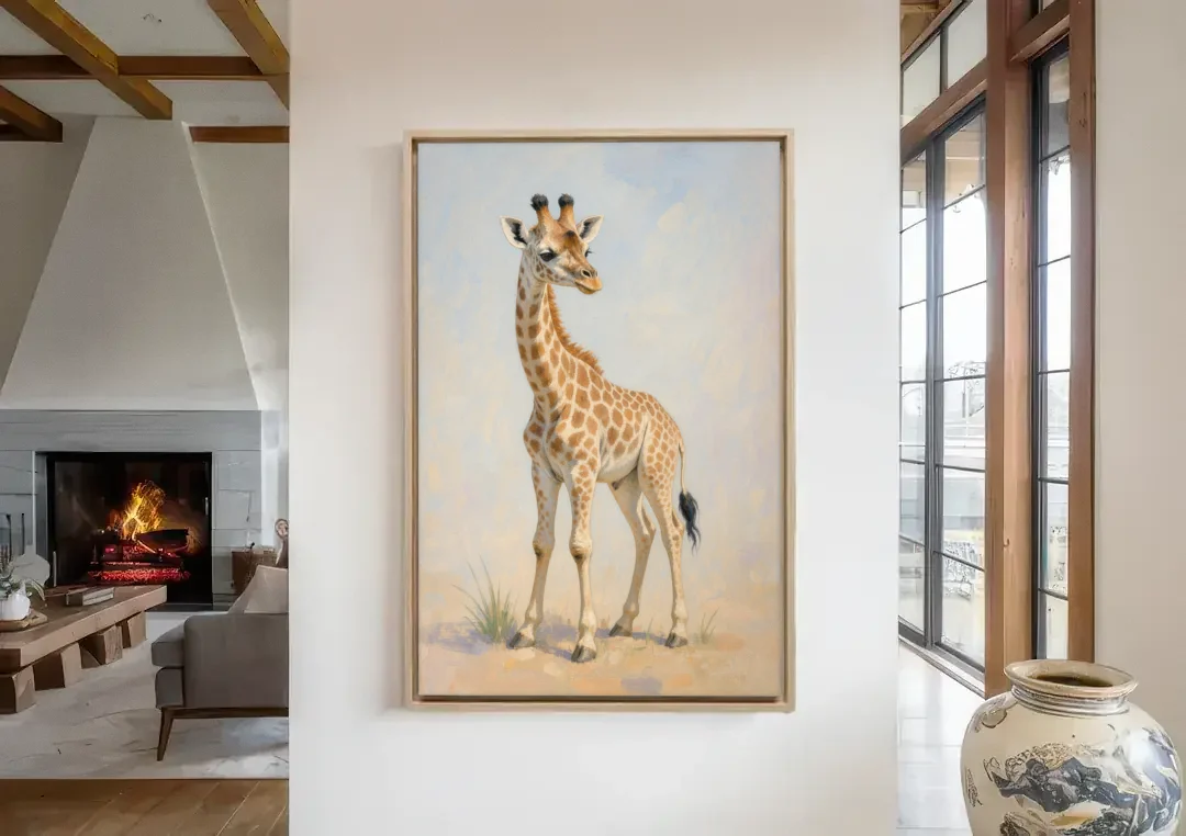 Giraffe Nursery Wall Art of a Baby Glancing Back canvas wall art in a living room with a fireplace