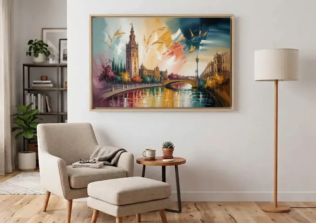 Giralda Grace canvas wall art above an armchair in a bright living room