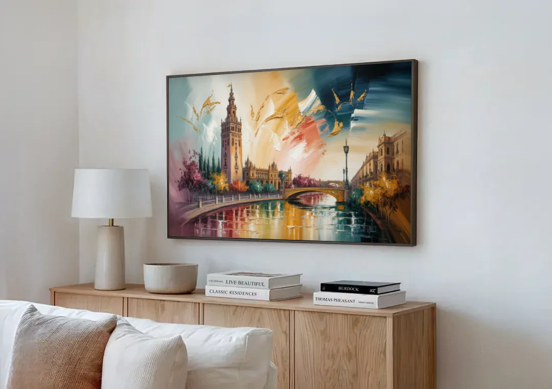 Giralda Grace canvas wall art above a wooden sideboard next to a sofa