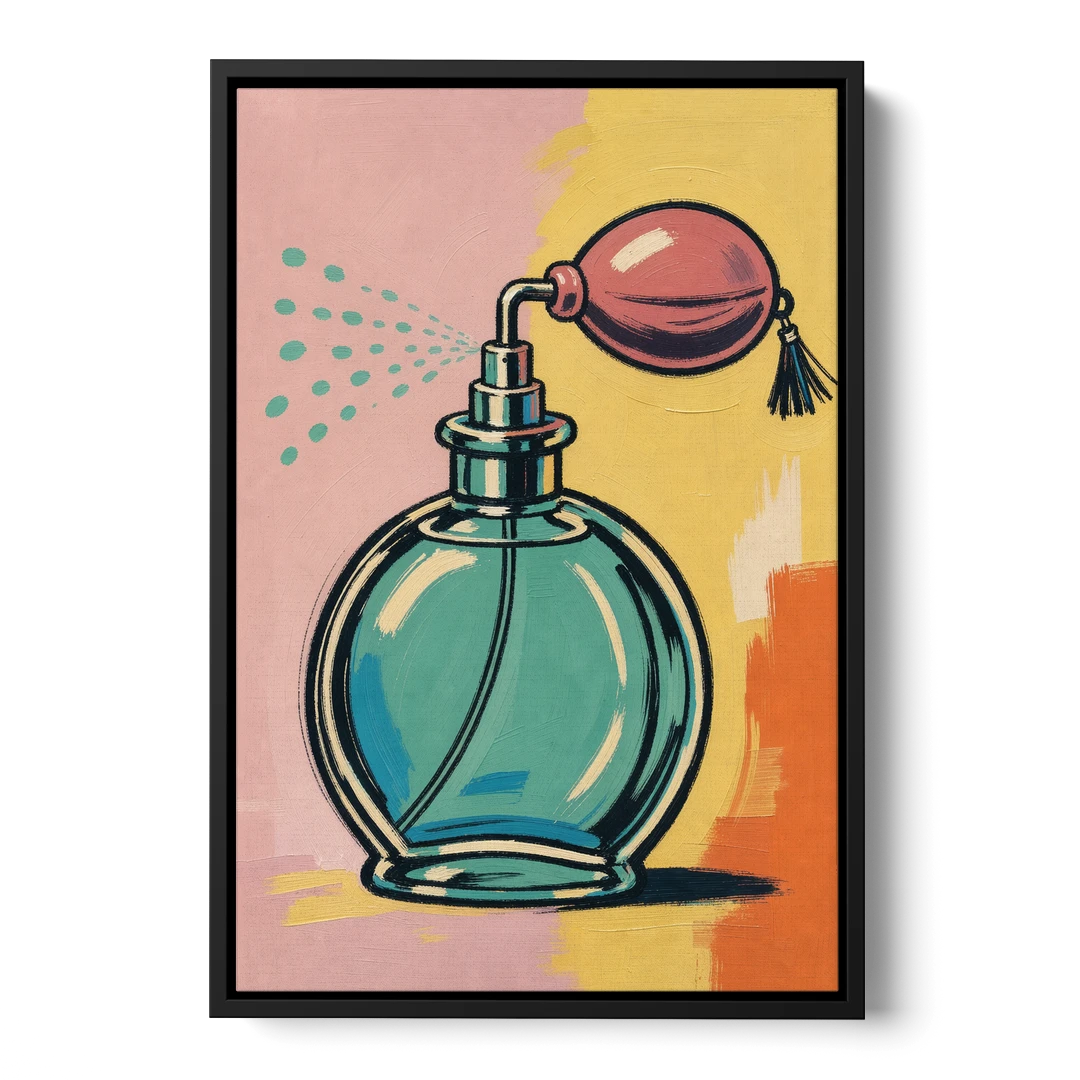 Girly Bathroom Wall Art of a Teal Perfume Atomizer - Black Framed Canvas Wall Art - Front