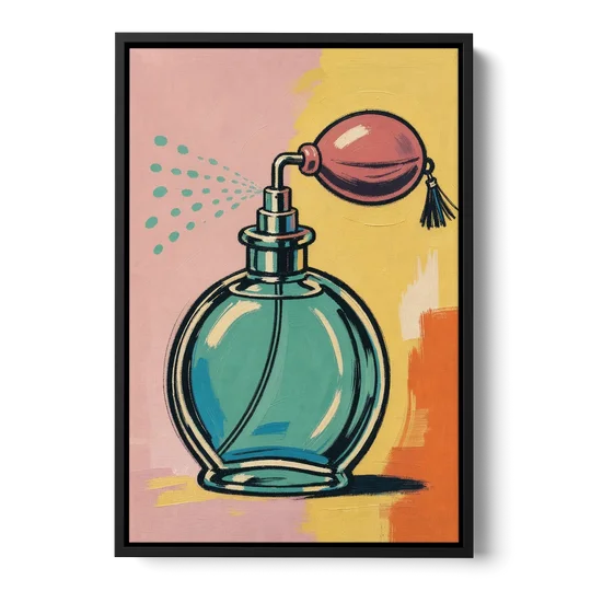 Girly Bathroom Wall Art of a Teal Perfume Atomizer - Black Framed Canvas Wall Art - Front