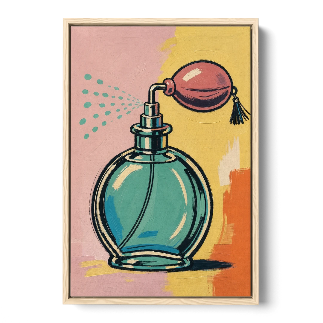 Girly Bathroom Wall Art of a Teal Perfume Atomizer - Oak Framed Canvas Wall Art - Front