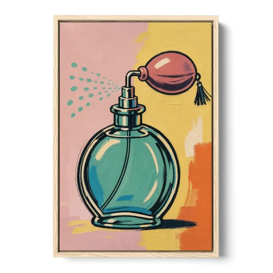 Girly Bathroom Wall Art of a Teal Perfume Atomizer - Oak Framed Canvas Wall Art - Front
