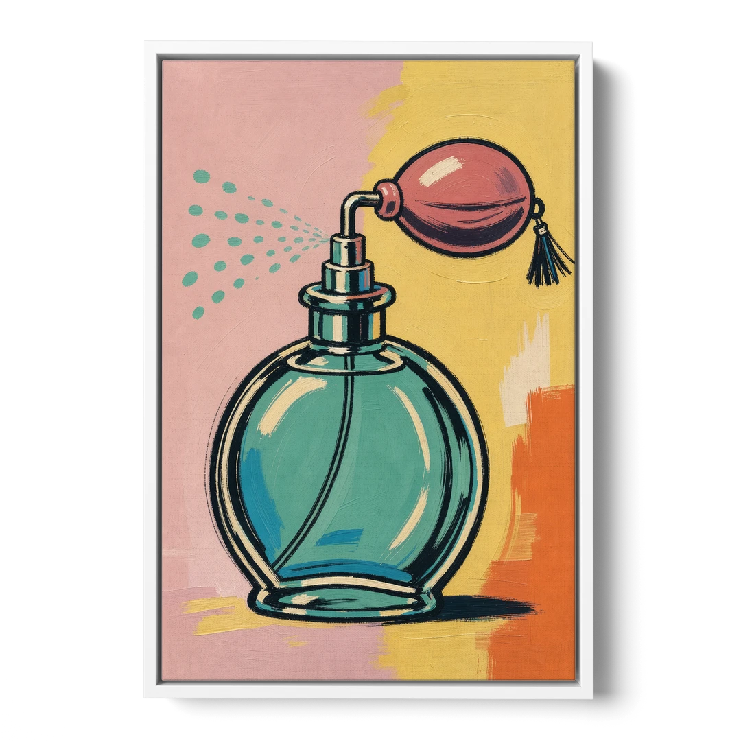 Girly Bathroom Wall Art of a Teal Perfume Atomizer - White Framed Canvas Wall Art - Front