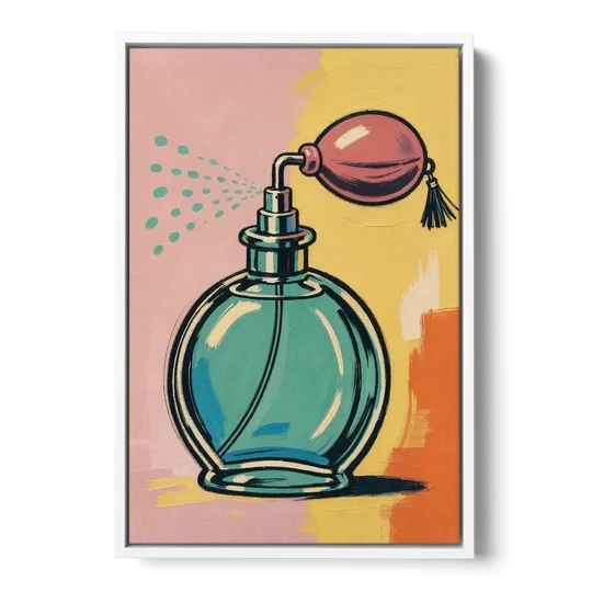Girly Bathroom Wall Art of a Teal Perfume Atomizer - White Framed Canvas Wall Art - Front