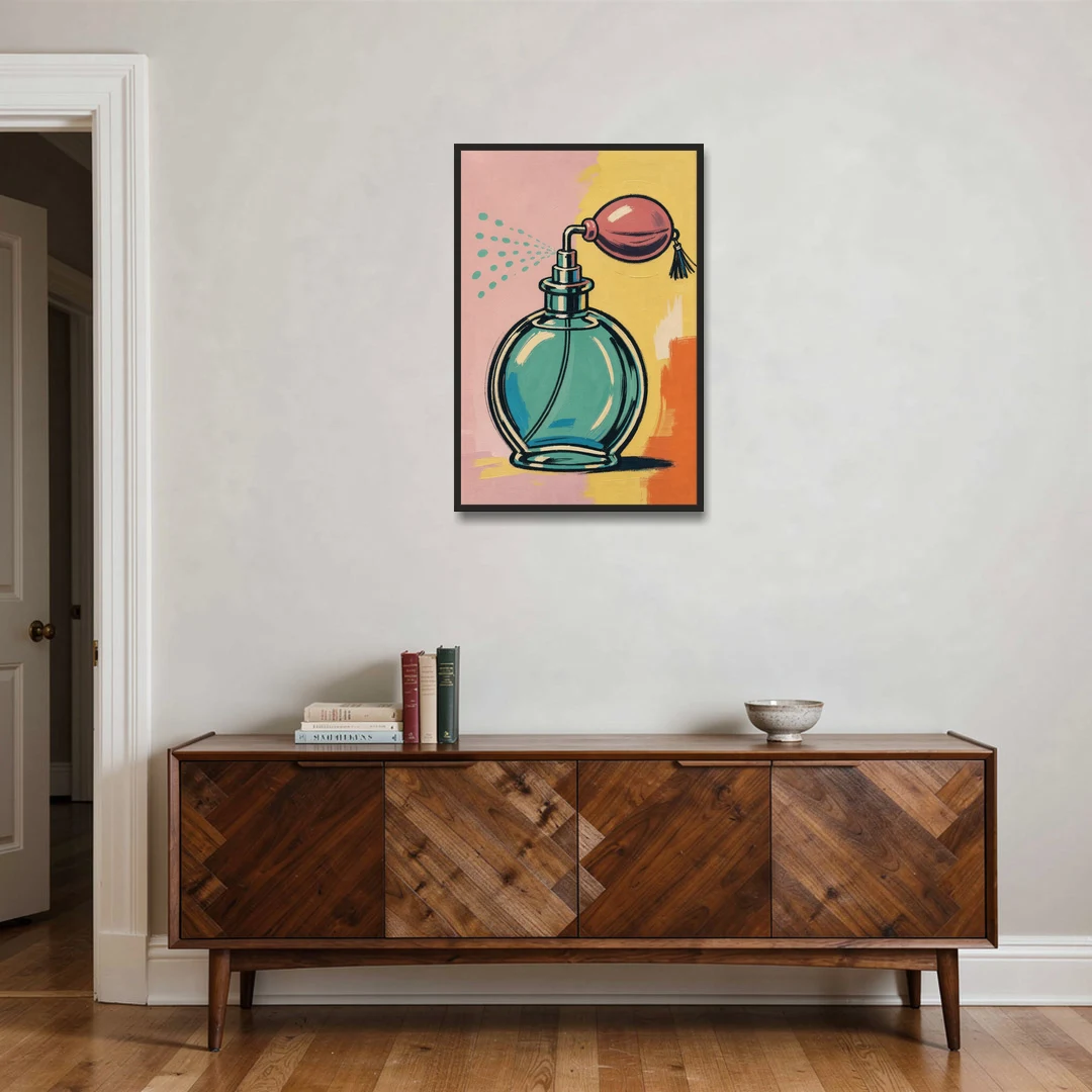 Girly Bathroom Wall Art of a Teal Perfume Atomizer - Black Framed Canvas Wall Art - Coffee Table - 24x36
