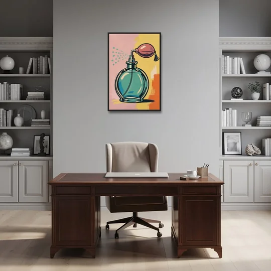 Girly Bathroom Wall Art of a Teal Perfume Atomizer - Black Framed Canvas Wall Art - Office - 24x36
