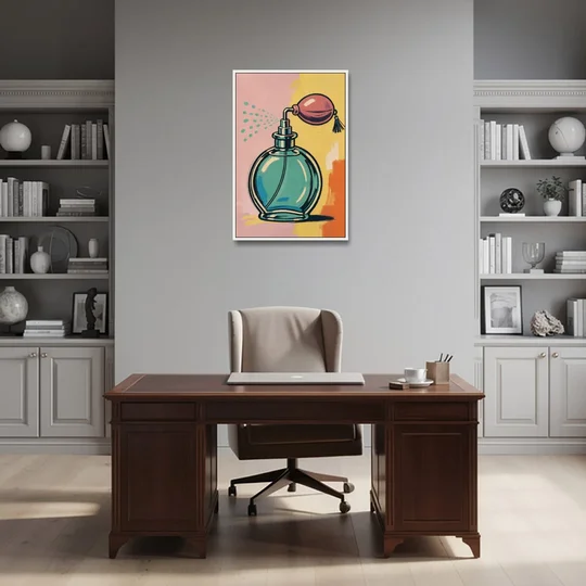 Girly Bathroom Wall Art of a Teal Perfume Atomizer - White Framed Canvas Wall Art - Office - 24x36
