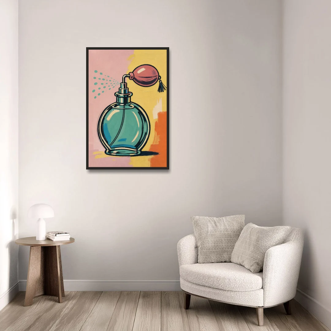 Girly Bathroom Wall Art of a Teal Perfume Atomizer - Black Framed Canvas Wall Art - Sofa - 24x36