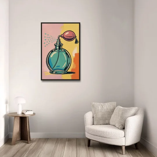 Girly Bathroom Wall Art of a Teal Perfume Atomizer - Black Framed Canvas Wall Art - Sofa - 24x36
