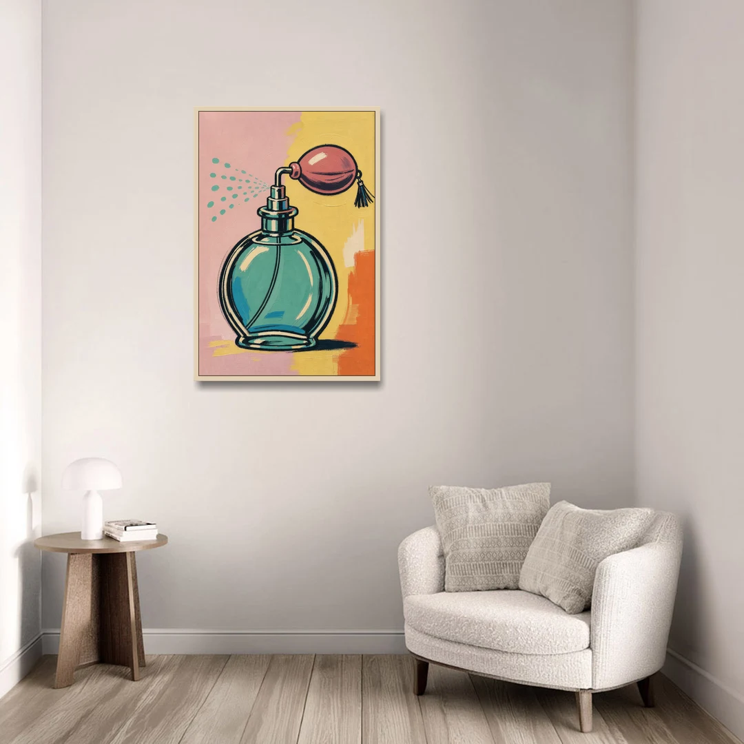 Girly Bathroom Wall Art of a Teal Perfume Atomizer - Oak Framed Canvas Wall Art - Sofa - 24x36