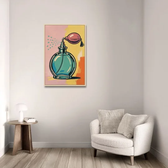 Girly Bathroom Wall Art of a Teal Perfume Atomizer - Oak Framed Canvas Wall Art - Sofa - 24x36