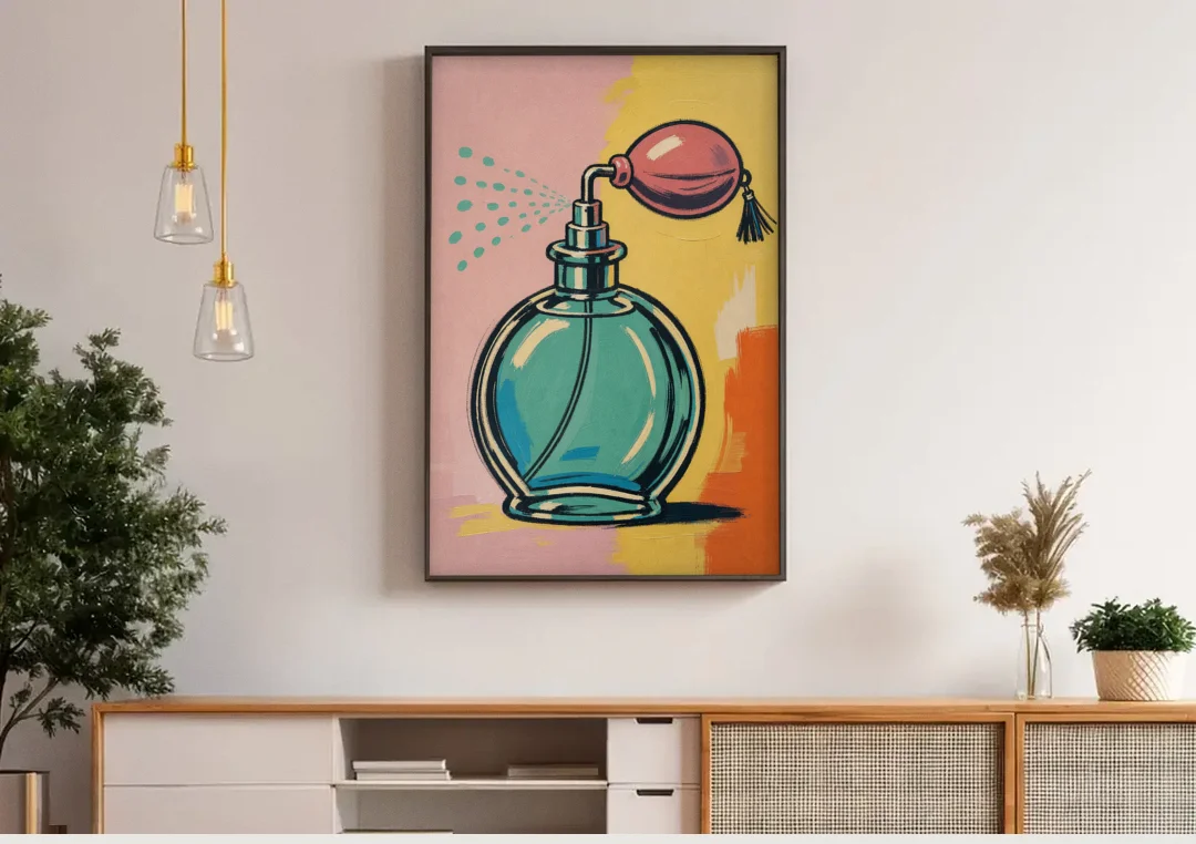 Girly Bathroom Wall Art of a Teal Perfume Atomizer canvas wall art above a wooden sideboard under pendant lights