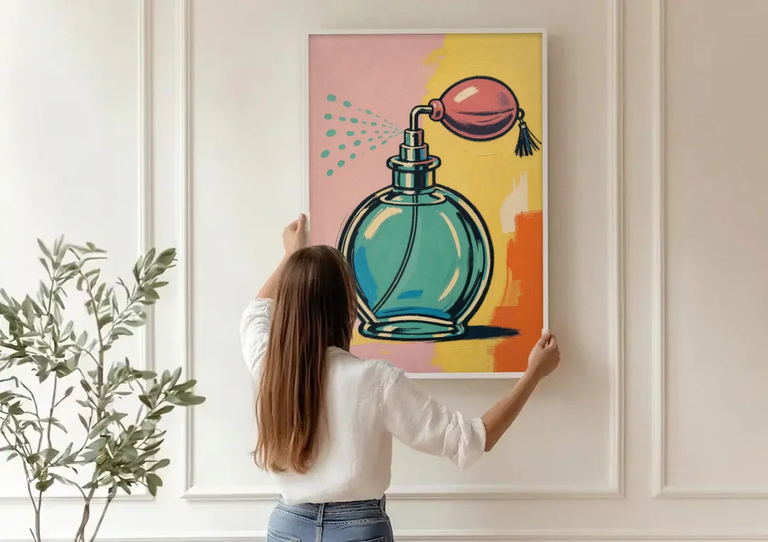 Girly Bathroom Wall Art of a Teal Perfume Atomizer canvas wall art being hung on a paneled wall