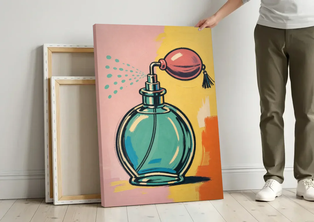 Girly Bathroom Wall Art of a Teal Perfume Atomizer canvas wall art leaning against a wall next to blank canvases