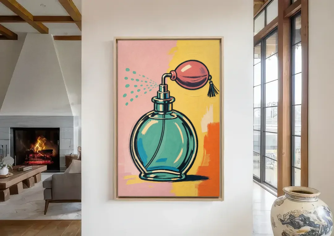 Girly Bathroom Wall Art of a Teal Perfume Atomizer canvas wall art in a living room with a fireplace