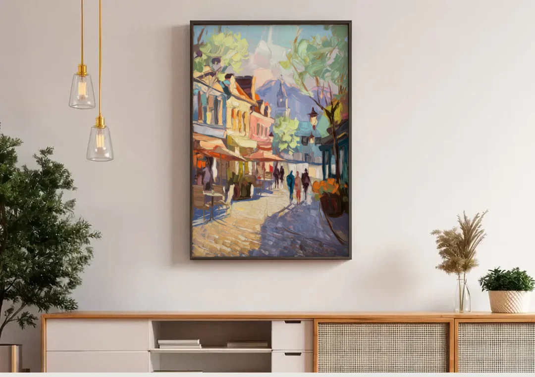 Glendale Downtown Charm canvas wall art above a wooden sideboard under pendant lights