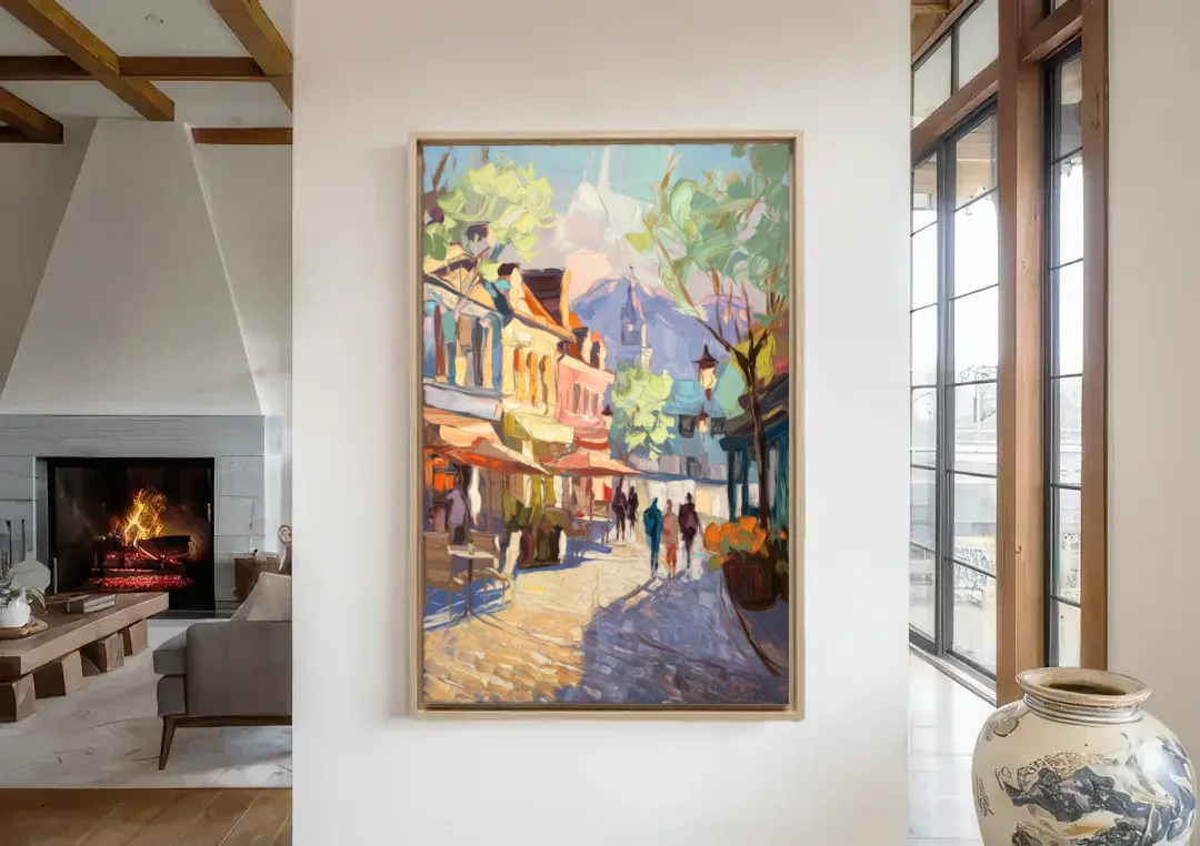 Glendale Downtown Charm canvas wall art in a living room with a fireplace