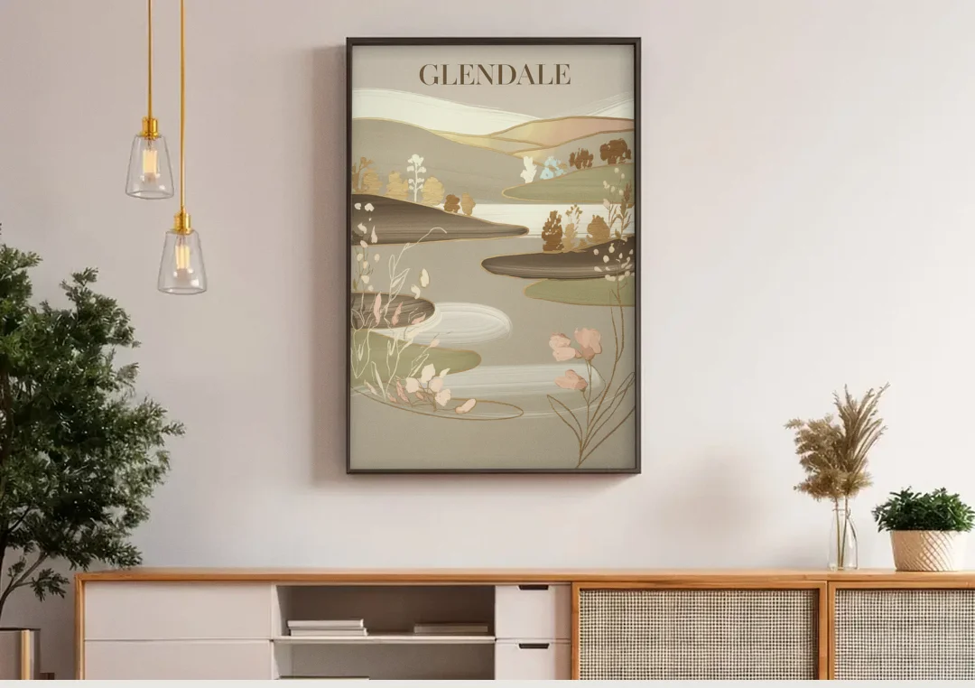 Glendale Rustic Elegance canvas wall art above a wooden sideboard under pendant lights
