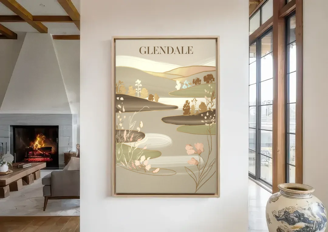 Glendale Rustic Elegance canvas wall art in a living room with a fireplace