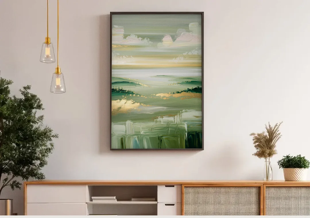Glendale Scenic Horizons canvas wall art above a wooden sideboard under pendant lights