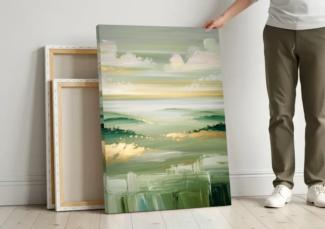 Glendale Scenic Horizons canvas wall art leaning against a wall next to blank canvases