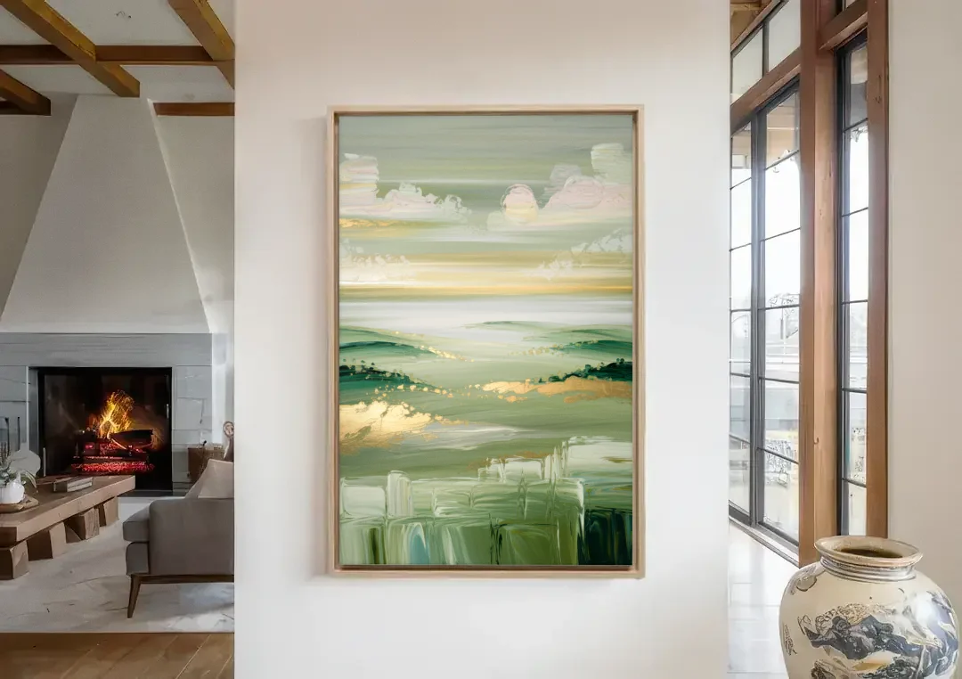 Glendale Scenic Horizons canvas wall art in a living room with a fireplace