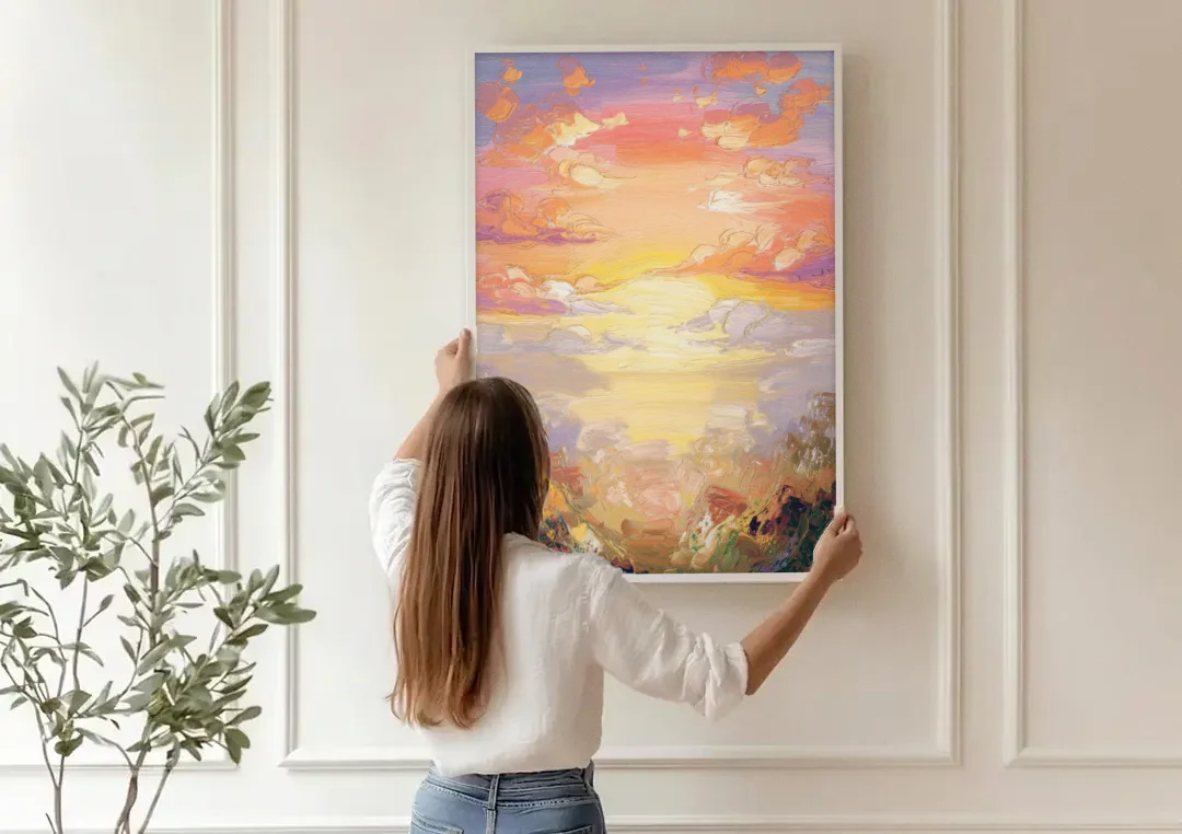 Glendale Sunset Views canvas wall art being hung on a paneled wall