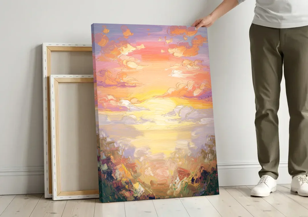 Glendale Sunset Views canvas wall art leaning against a wall next to blank canvases