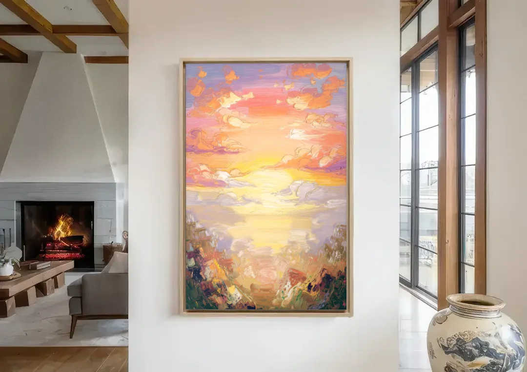 Glendale Sunset Views canvas wall art in a living room with a fireplace