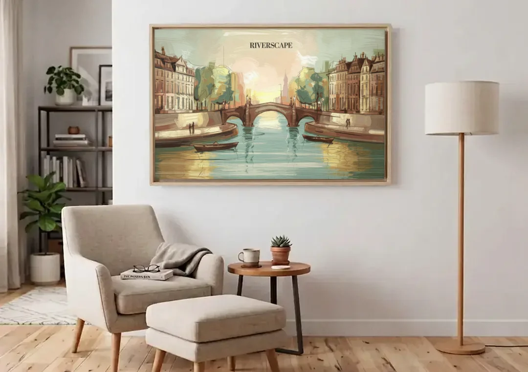 Glendale Urban Serenity canvas wall art above an armchair in a bright living room
